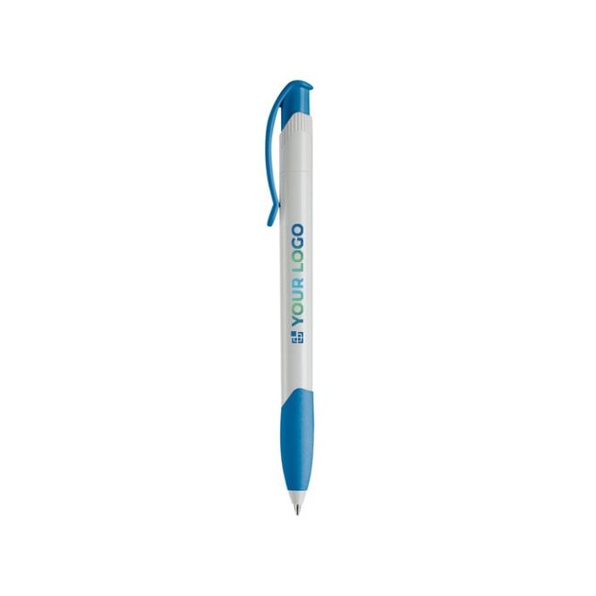 Penna in plastica bianca con clip ad arco colorata e inchiostro blu