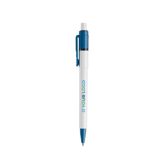 Penna bianca con clip e punta colorati e inchiostro blu ricaricabile
