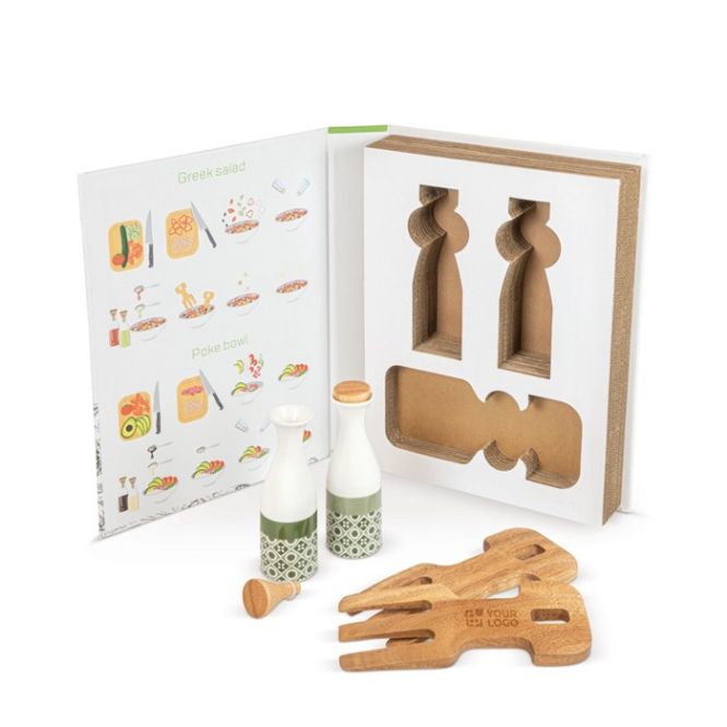 Oliera e acetiera di ceramica con posate per insalata in scatola