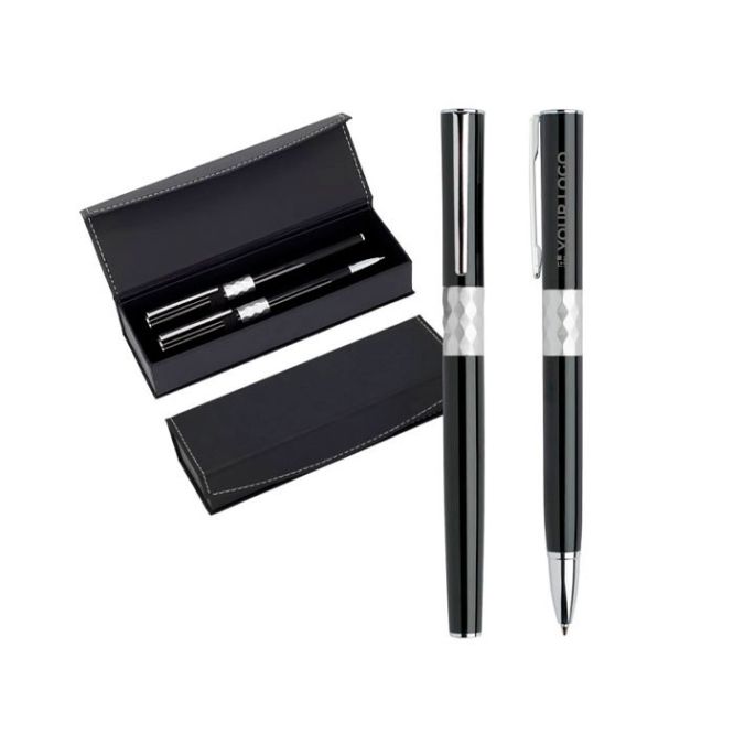 Set di design con penna e roller in metallo e inchiostro nero