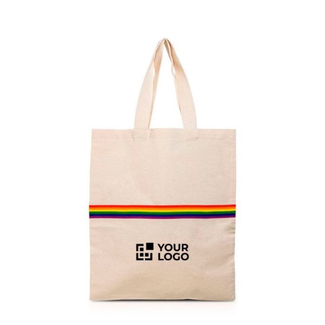 Shopper con fascia multicolore e manici lunghi in cotone 180 g/m²