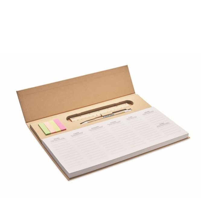 Piccolo planner settimanale con penna blu, righello e segnapagina