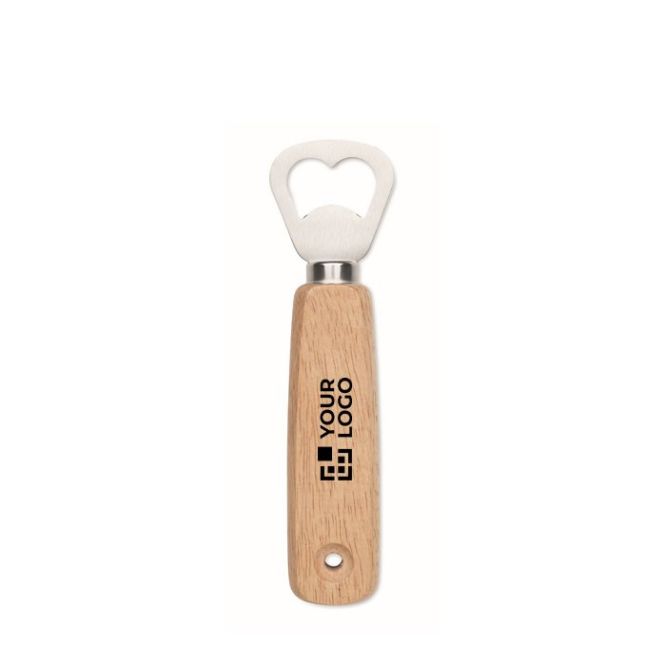 Apribottiglie con logo in legno di caucciù con foro per appenderlo