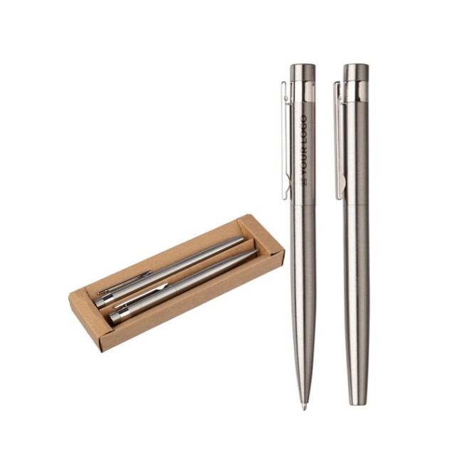 Set con penna a sfera e roller in acciaio inox con inchiostro blu