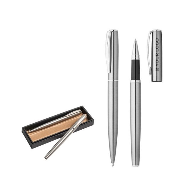 Set con penna a sfera e roller in acciaio inox e inchiostro nero