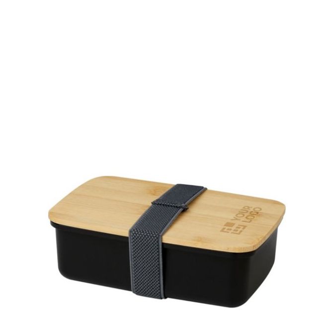 Lunch box in plastica riciclata con coperchio in bambù e fascia 500ml