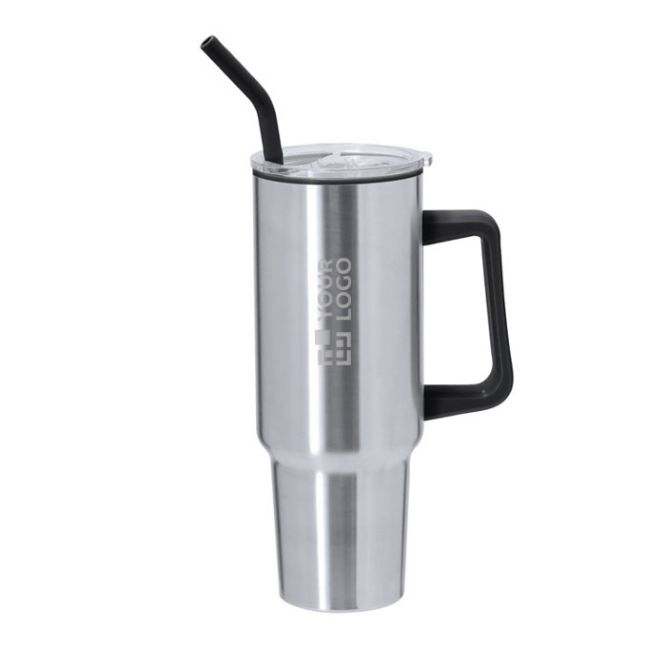 Tazza termico in acciaio inox con manico e cannuccia nera da 1,2l