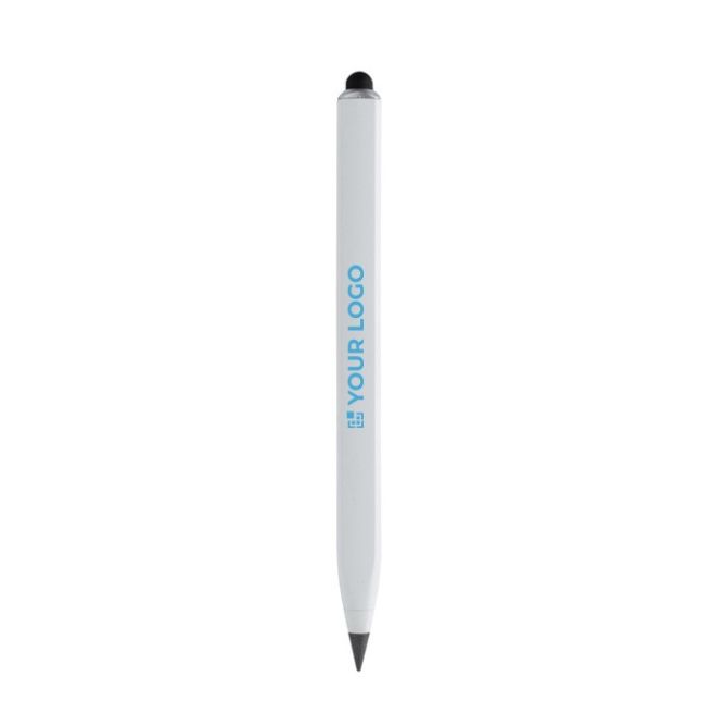 Matita in alluminio riciclato con gommino touch e righello color bianco vista area di stampa