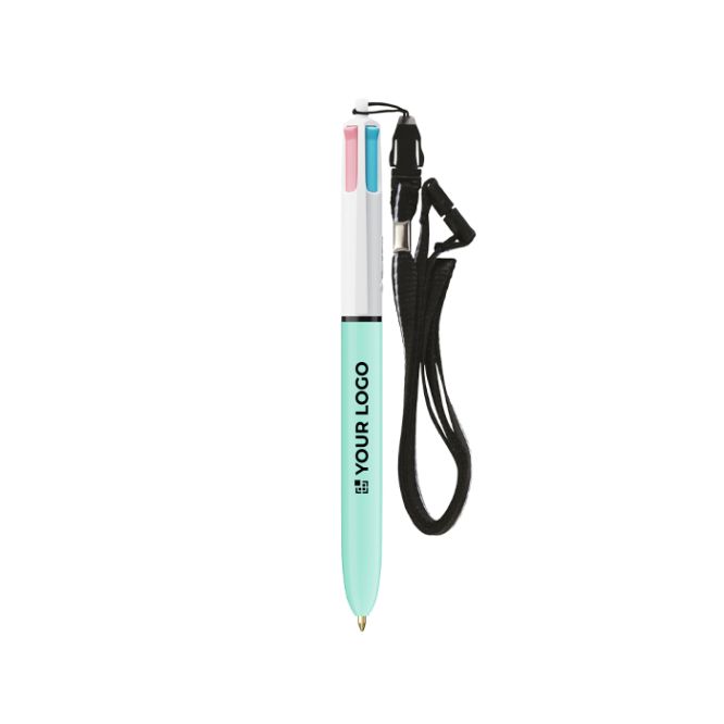 Penna in plastica BIC® a 4 colori con nastro da collo