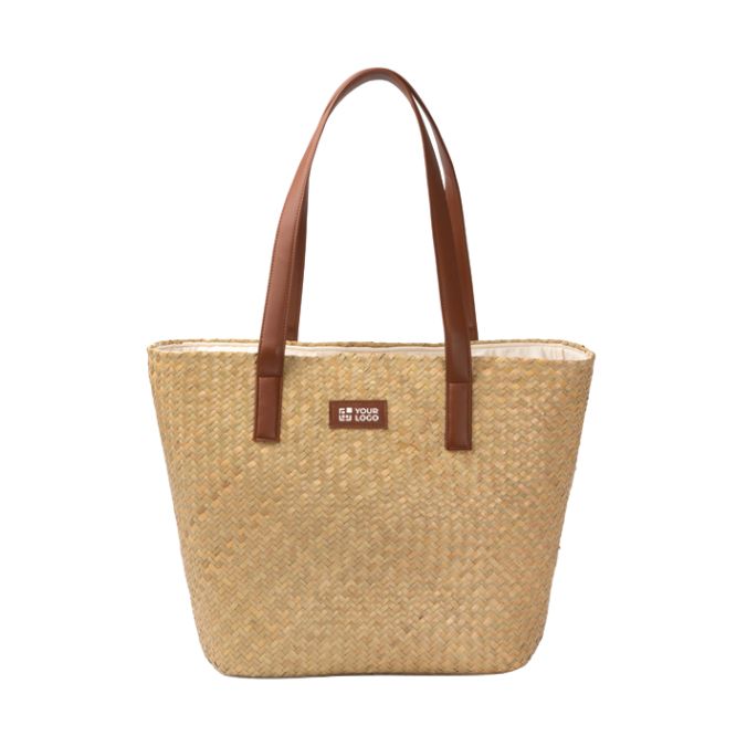 Borsa in paglia con fodera in cotone e manici lunghi in pelle sintetica