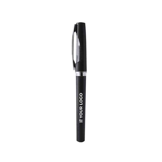 Penna roller in plastica con corpo metallizzato e inchiostro blu