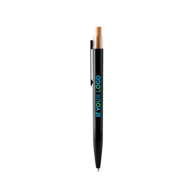 Penna con clip in metallo e pulsante in bambù, inchiostro blu
