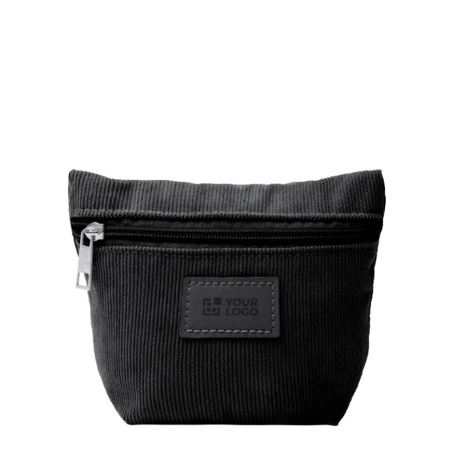 Necessaire in velluto a coste con chiusura a cerniera e toppa in pelle sintetica