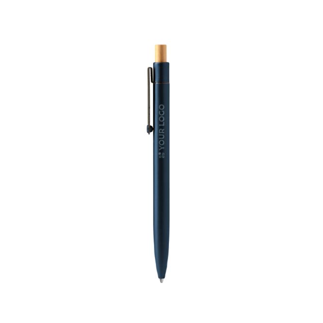 Penna in alluminio con pulsante in bambù, clip in metallo e inchiostro blu