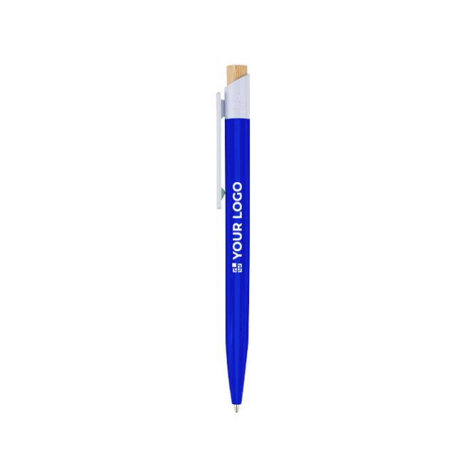Penna in plastica con pulsante in bambù e clip bianca, inchiostro blu