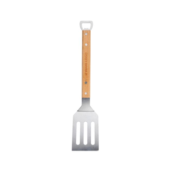 Spatola da barbecue con apribottiglie e manico in legno