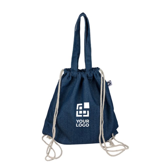 Zaino con coulisse e borsa in denim riciclato con cordini color naturale