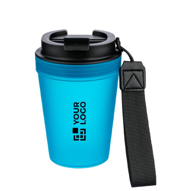 Bicchiere trasparente in plastica con tappo a vite e laccetto da polso 350ml