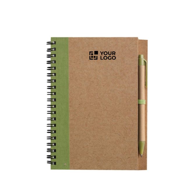 Blocco note A5 con copertina in cartone riciclato e penna, fogli a righe