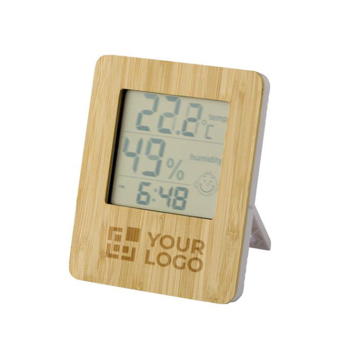Stazione meteo e orologio in bambù con supporto pieghevole