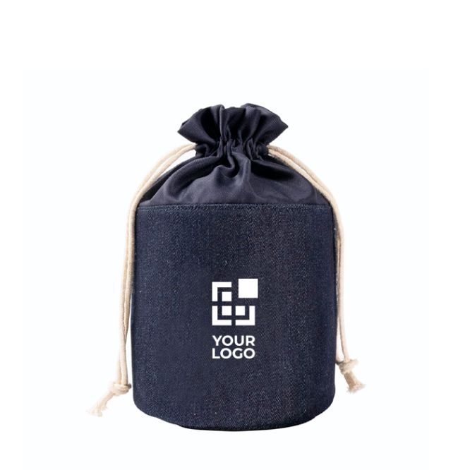 Beauty case cilindrico in tessuto jeans con chiusura a cordino