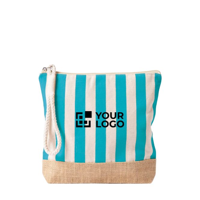 Necessaire a righe in cotone e juta con cordoncino sul cursore della zip
