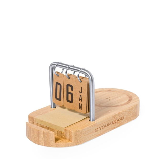 Caricatore wireless in bambù con calendario e supporto per cellulare 15W