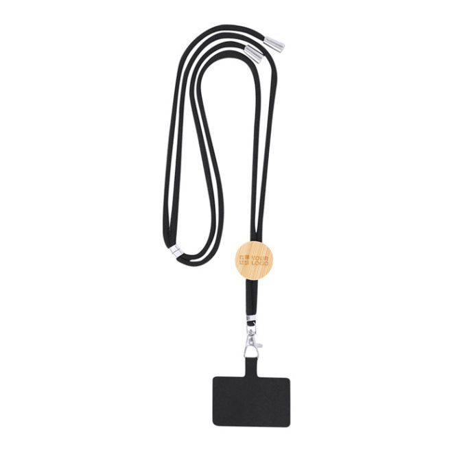 Lanyard con accessorio porta cellulare in RPET e dettaglio in bambù