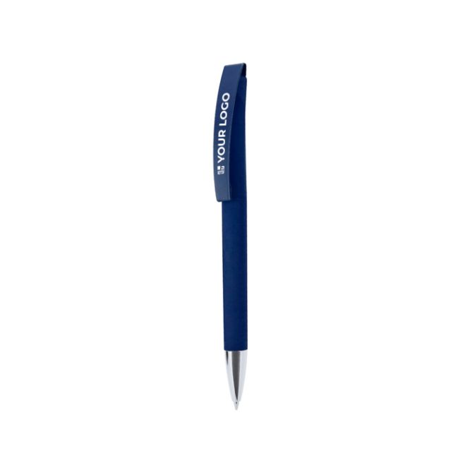 Penna a scatto con fusto e clip in gomma, inchiostro blu