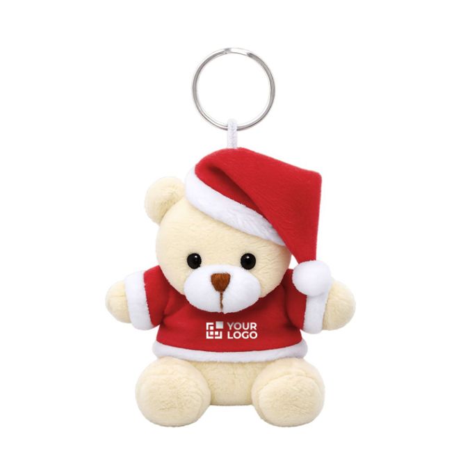 Portachiavi orsetto di peluche con abito e cappello natalizio