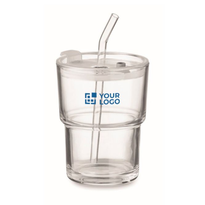 Bicchiere con tappo anti goccia e cannuccia in vetro da 300ml