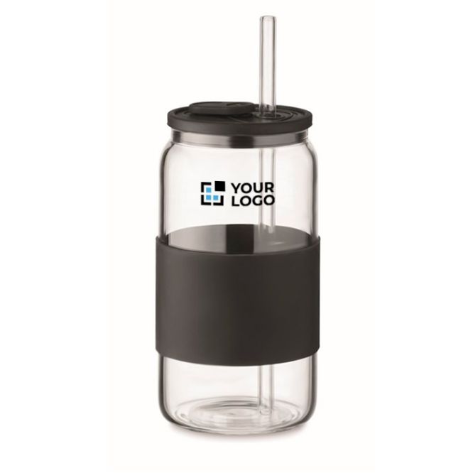Bicchiere con cannuccia in vetro, tappo e fascia in silicone 550ml