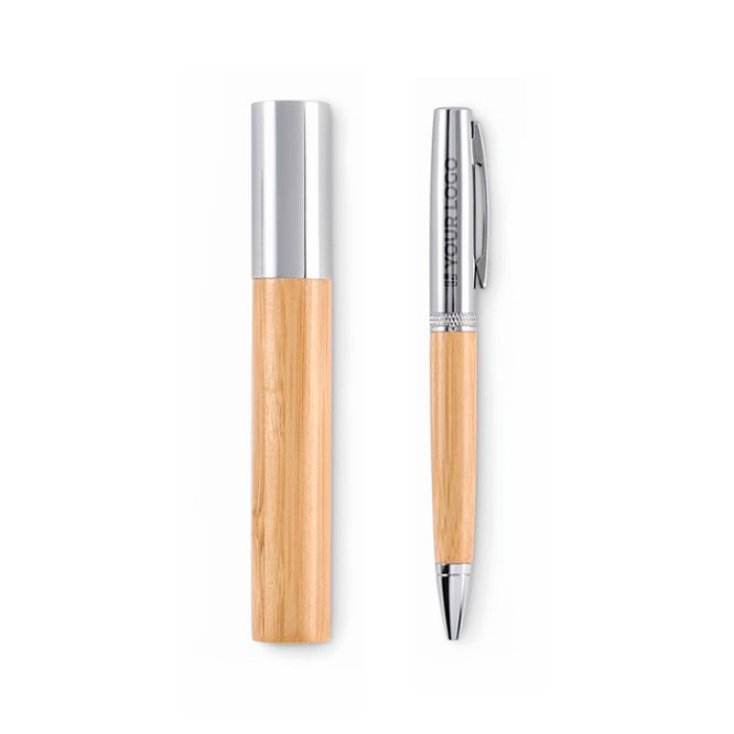 Penna blu in metallo e bambù con astuccio cilindrico coordinato