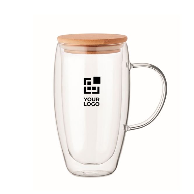 Tazza lunga in vetro con manico trasparente e coperchio in legno 450ml
