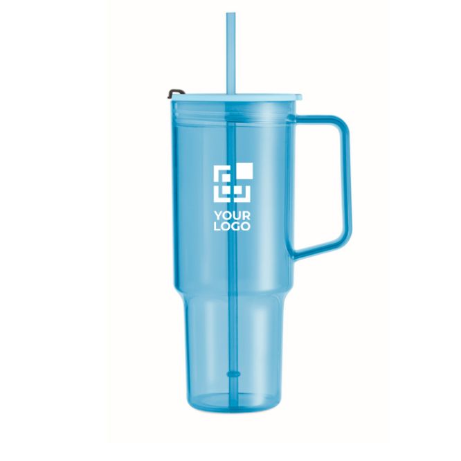 Bicchiere portatile traslucido in RPET con coperchio e cannuccia 1,2 L