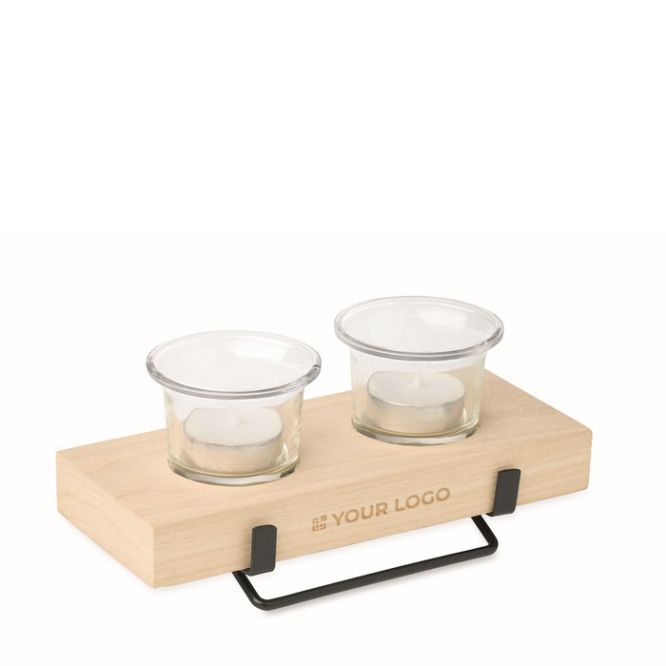 Portacandele decorativo con supporto in legno e ferro per 2 candele