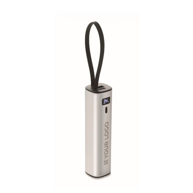 Powerbank in alluminio riciclato con indicatore di batteria e cavo 5.000mAh