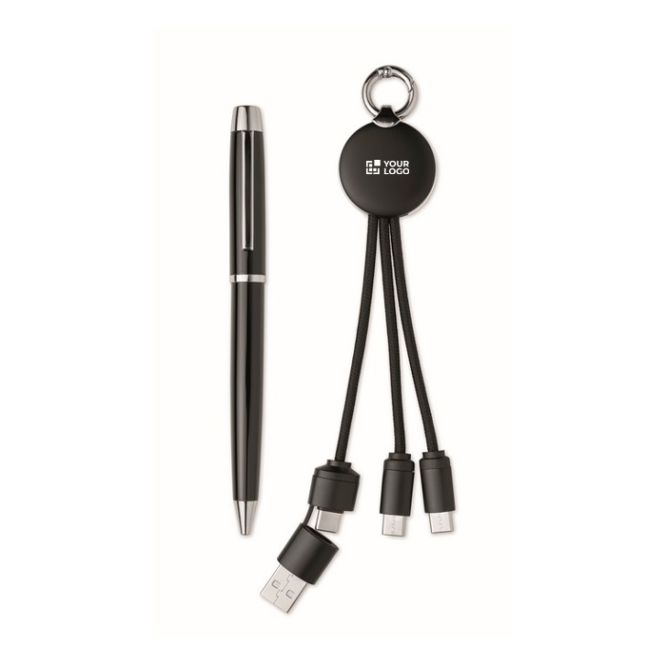 Set regalo con penna in metallo e portachiavi con cavo di ricarica 2 in 1