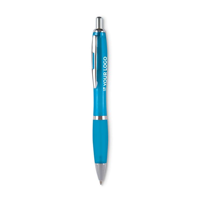 Penna a sfera in plastica ABS con pulsante e impugnatura soft touch, inchiostro blu