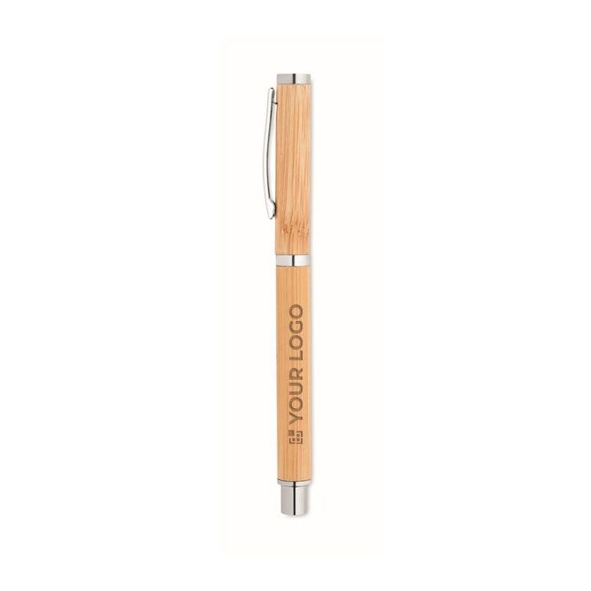 Penna roller in bambù e acciaio inox con inchiostro gel blu