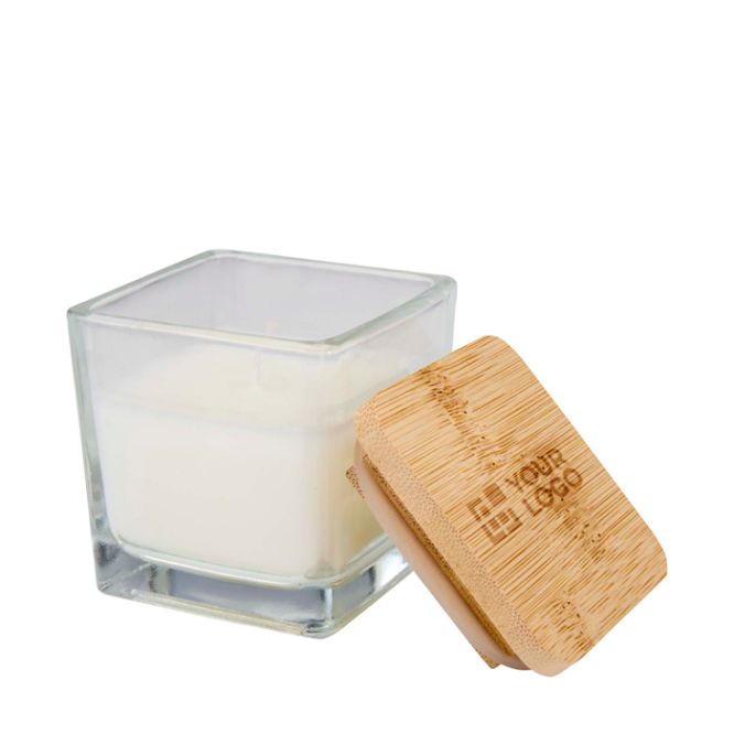 Candela aromatica in barattolo di vetro con coperchio in bambù 40g