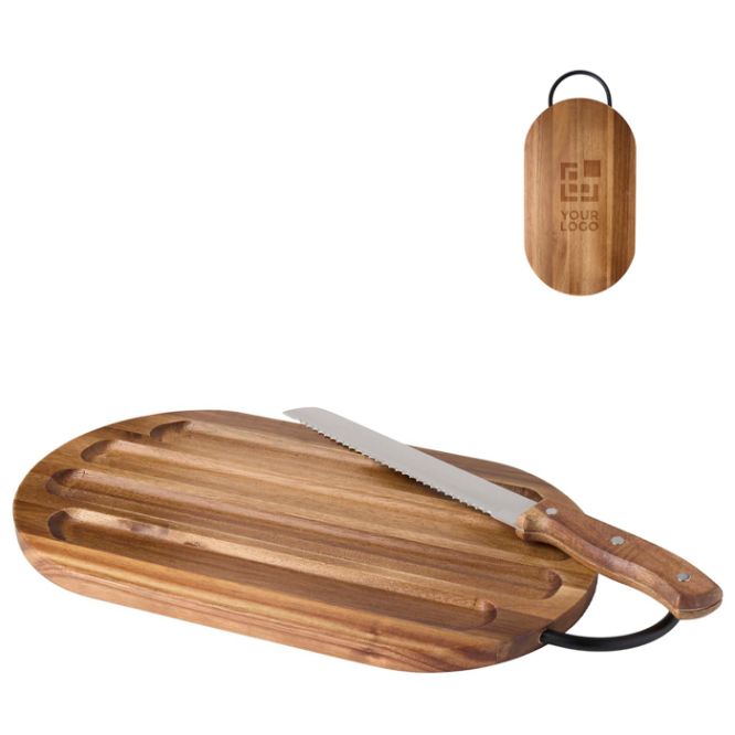 Tagliere elegante in legno di acacia con coltello per pane