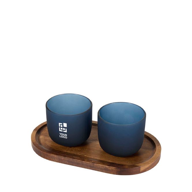 Elegante vassoio in legno con 2 bicchieri in vetro opaco 200 ml