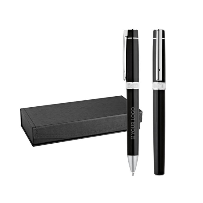 Astuccio contenente una penna roller e una penna a sfera color nero