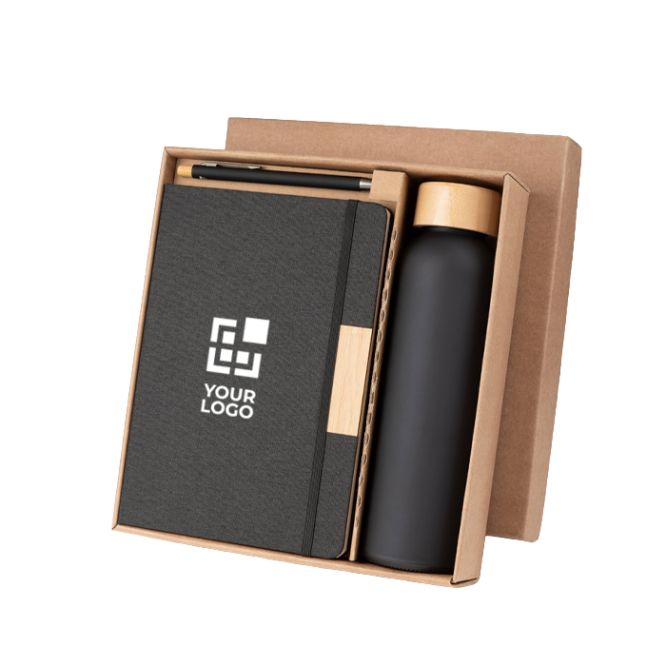 Set da ufficio con bottiglia in vetro 520ml, blocco A5 e penna a inchiostro blu