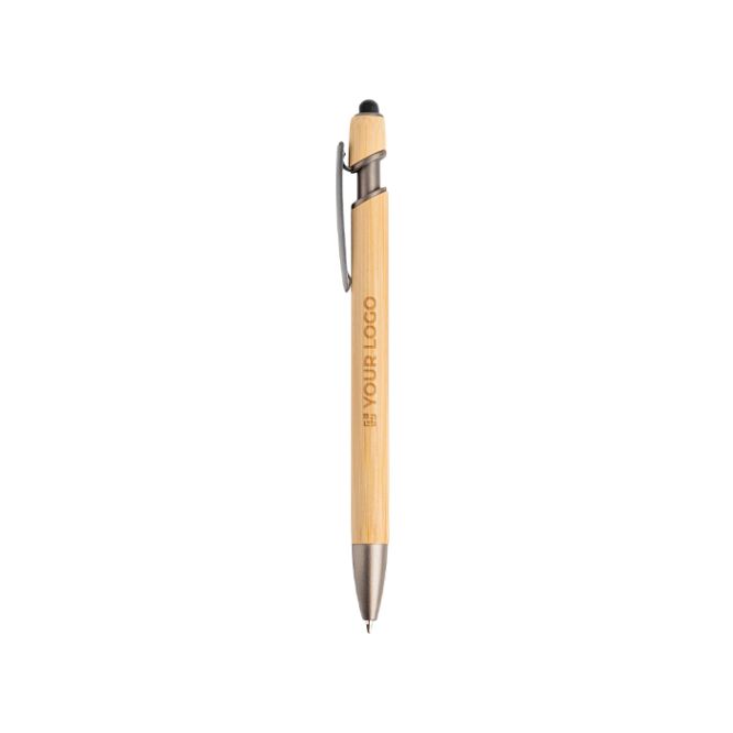 Penna in bambù con punta touch e dettagli metallici con inchiostro blu