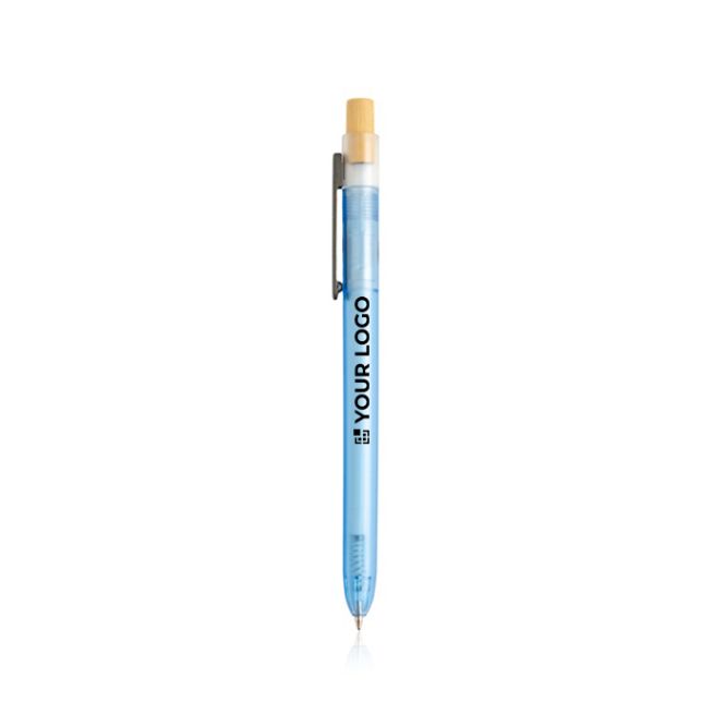Penna blu in plastica raccolta in zone costiere con pulsante in bambù