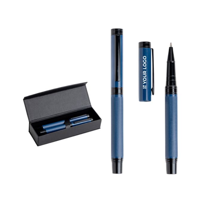 Set penna e roller in acciaio e alluminio con rilievo inchiostro nero