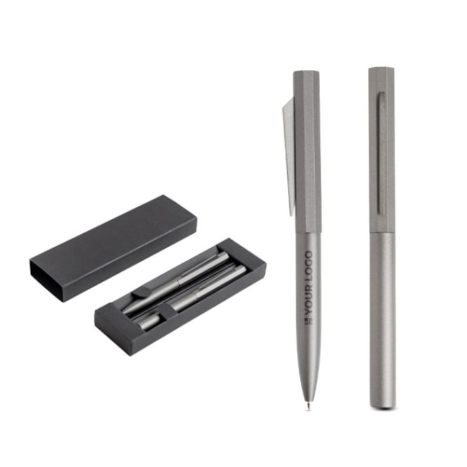 Set penna e roller in alluminio con design esagonale inchiostro nero