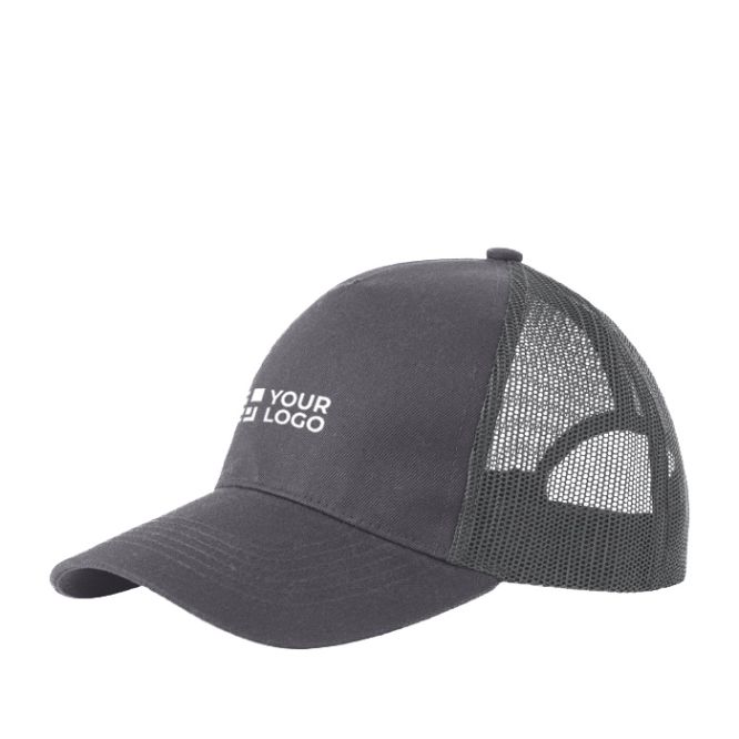 Cappellino trucker a 5 pannelli con chiusura snapback e visiera curva 250 g/m2